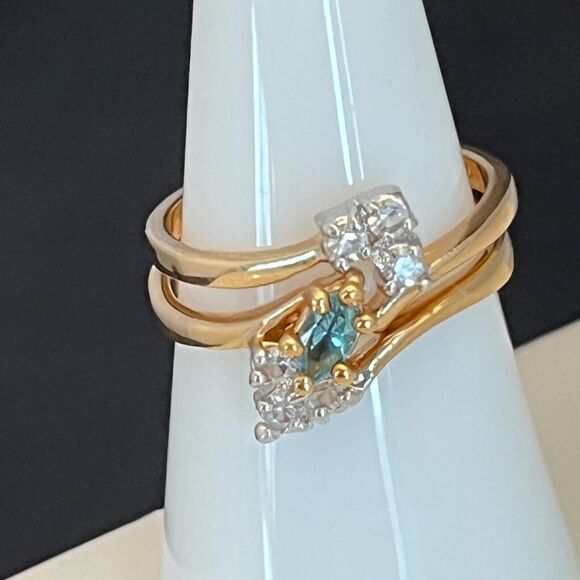 Vintage Ring Set Size 7 Blue Crystal With Clear Accents 14K Gold Plate  14Y - Picture 5 of 5